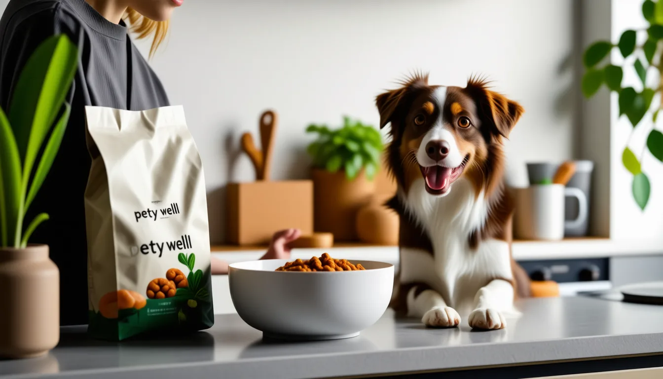 chien assis devant une gamelle remplie de croquettes, dans une cuisine lumineuse.