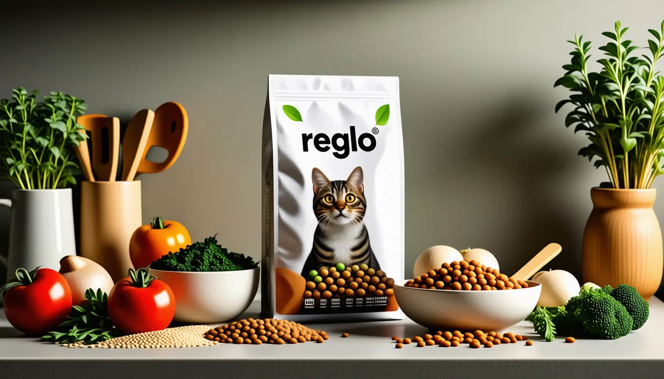 sac de croquettes pour chien de la marque Reglo posé à côté d'une gamelle remplie de granulés