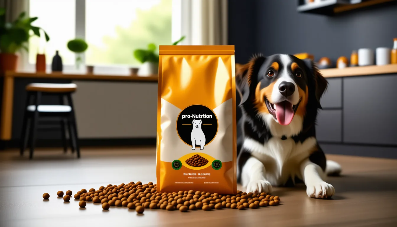 Sac de croquettes Pro-Nutrition posé près d'une gamelle pour chien