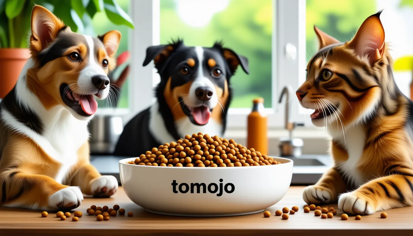 croquettes Tomojo aux insectes versées dans une gamelle pour chien et chat