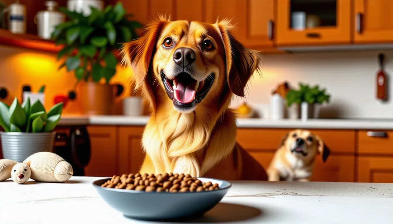 chien assis devant une gamelle de croquettes, avec un sac de nourriture personnalisée posé à côté