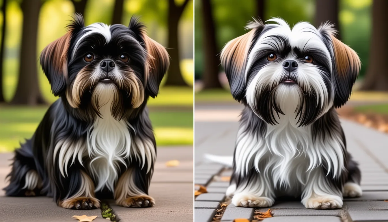 deux petits chiens au pelage long côte à côte, l'un au museau plus allongé, l'autre au museau plat