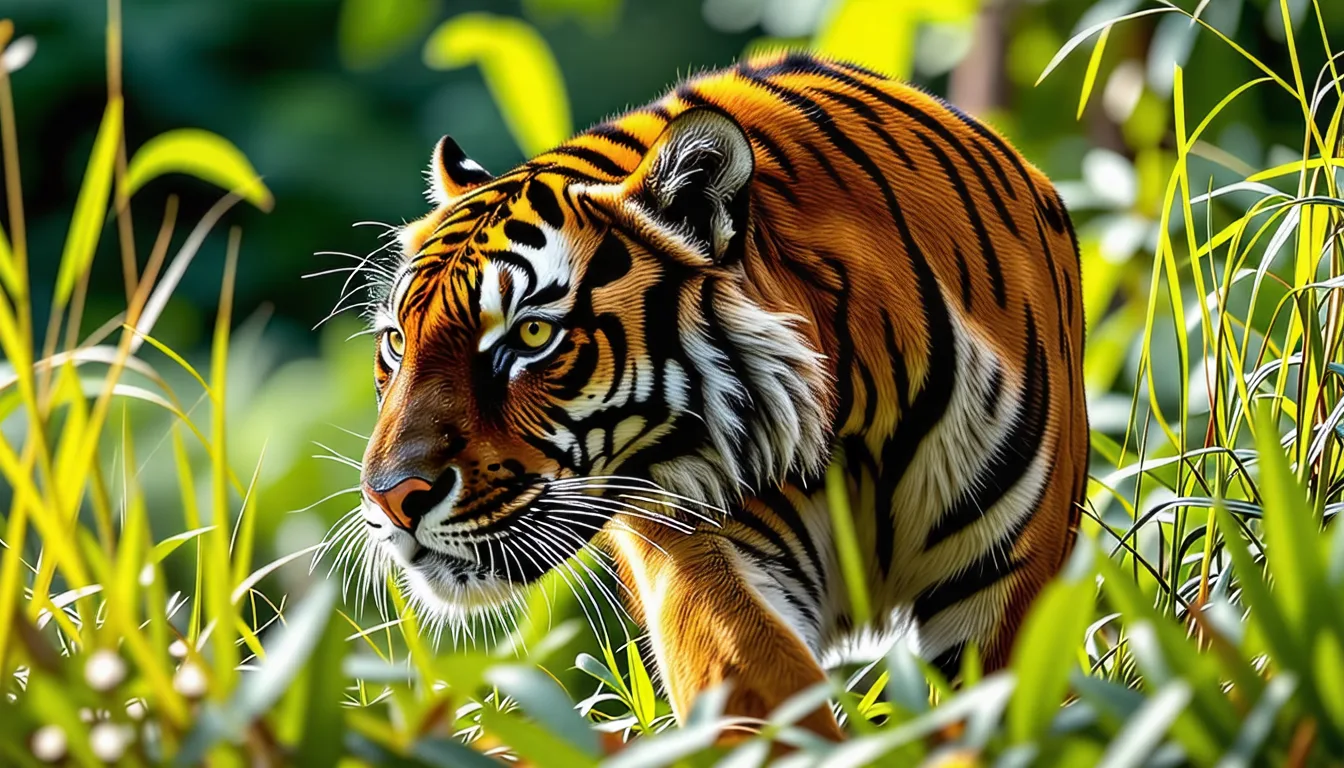 un tigre du Bengale allongé dans la végétation dense, fixant l'objectif