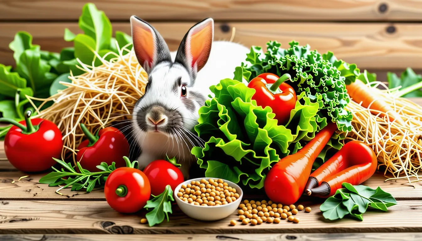 lapin domestique mangeant du foin frais et des légumes verts posés dans une gamelle