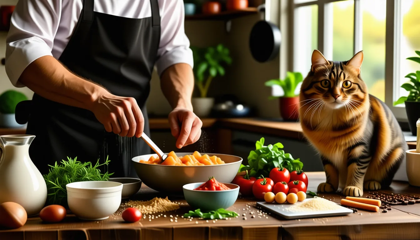 chat assis devant une gamelle de viande crue et de légumes coupés préparée à la maison