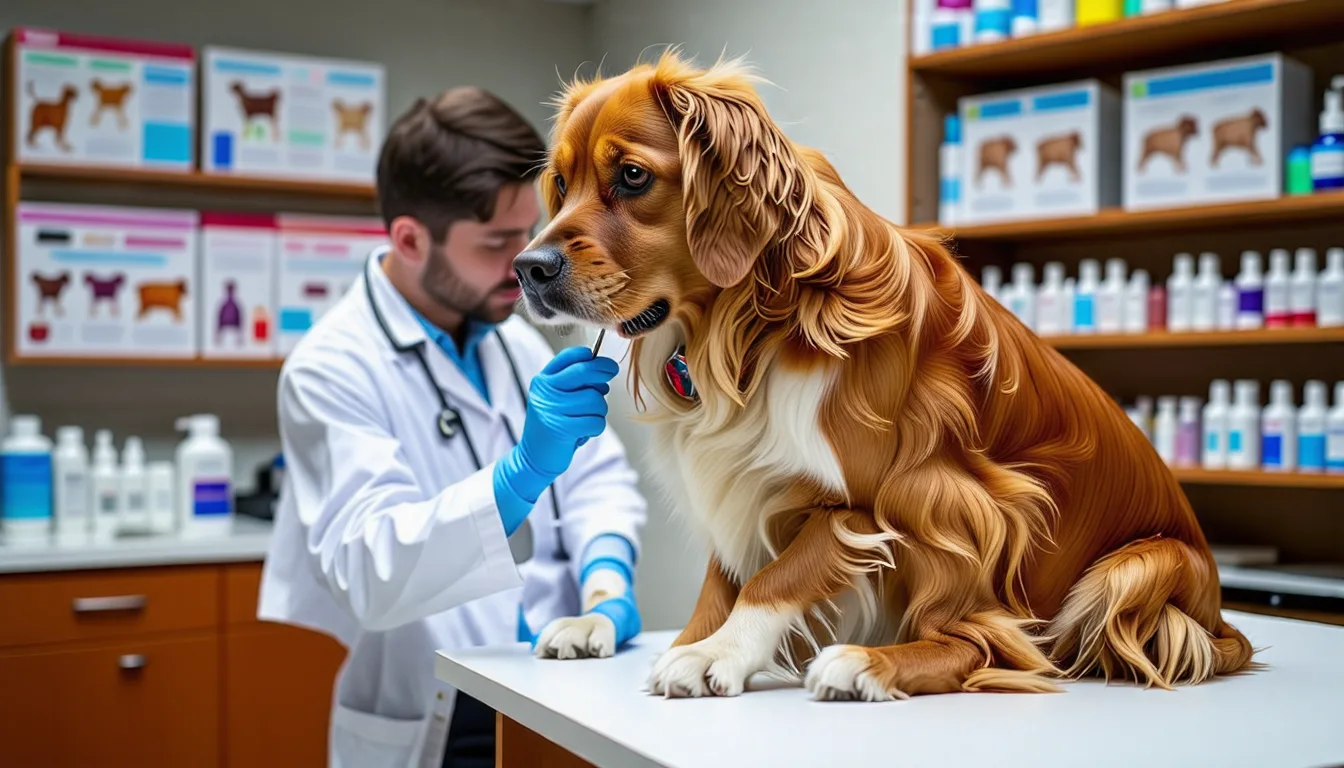 vétérinaire examinant le pelage et la peau d'un chien lors d'une consultation