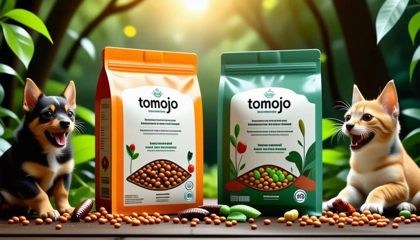 paquet de croquettes Tomojo aux insectes avec un chien et un chat assis à côté