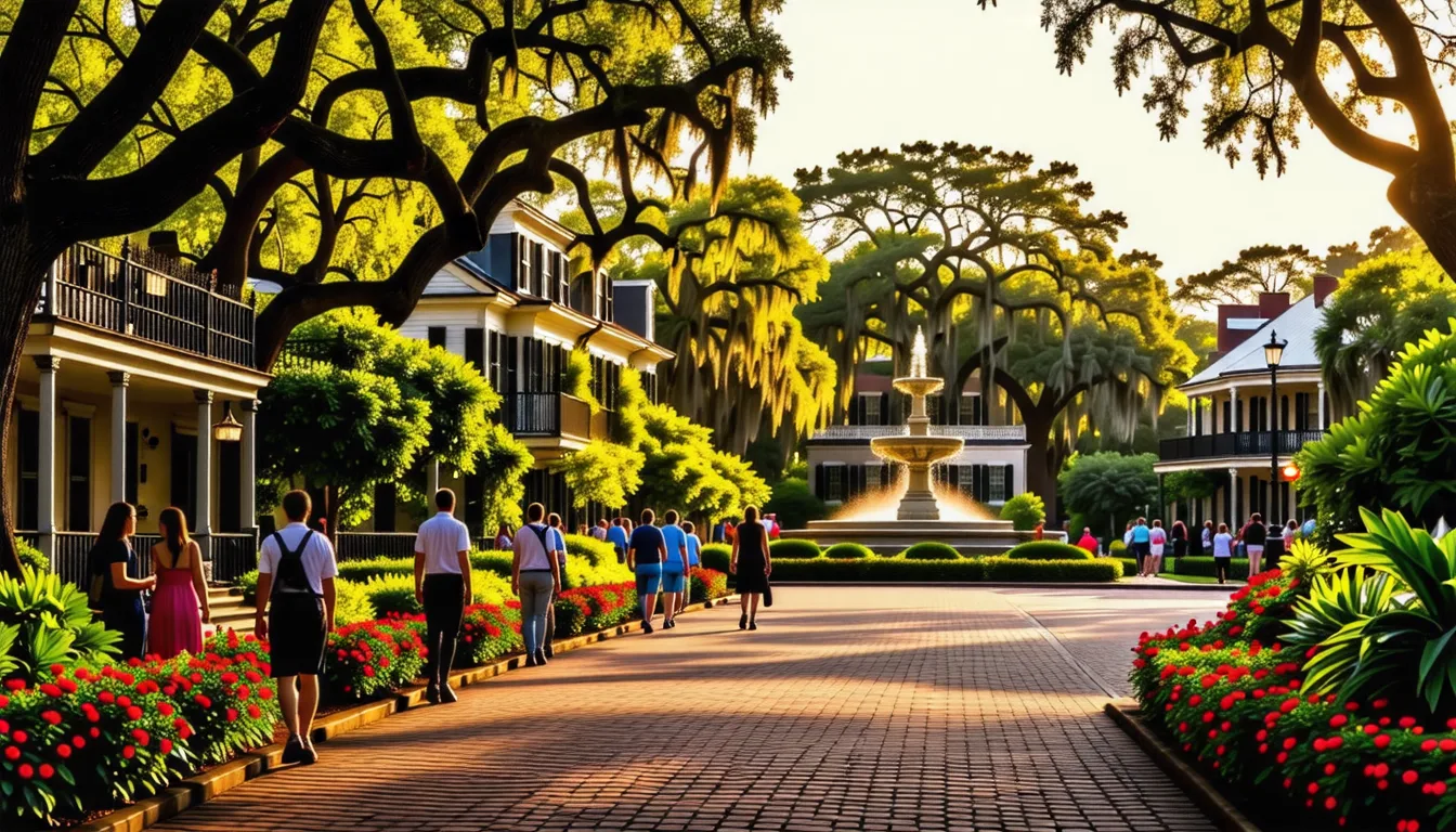 rue pavée de Savannah bordée de chênes couverts de mousse espagnole et de maisons historiques