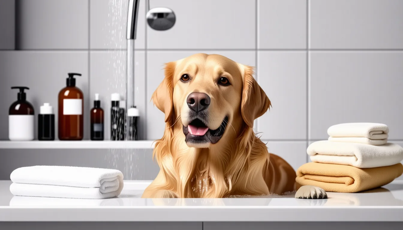 chien mouillé dans une bassine, savon sur le dos, oreilles collées