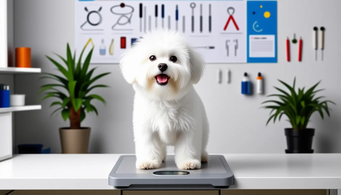 Bichon frisé blanc au pelage bouclé, debout sur une pelouse, tête légèrement inclinée.