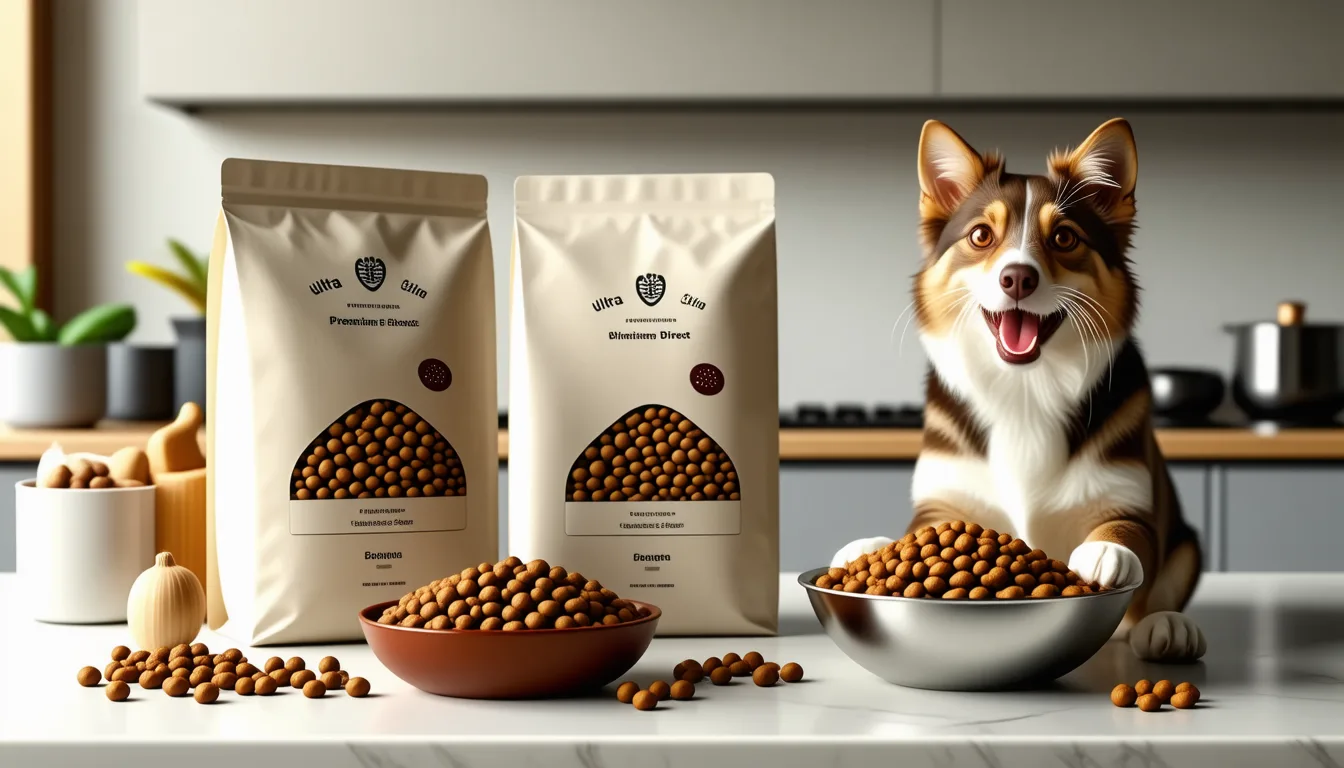 chien et chat mangeant côte à côte devant deux gamelles de croquettes premium