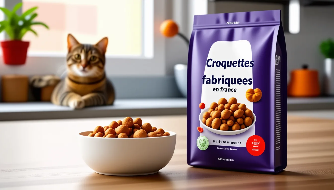 Chat assis devant une gamelle de croquettes posée sur un sol de cuisine.