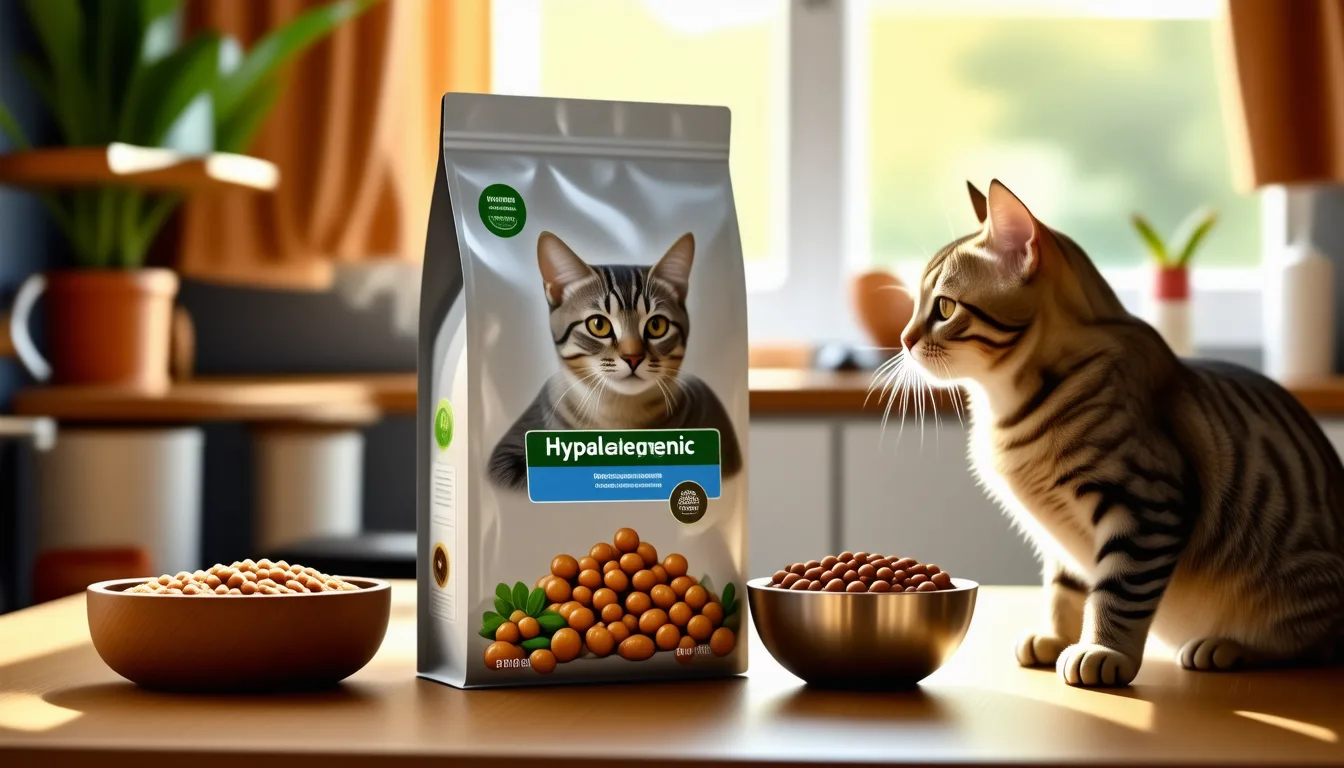 un chat assis devant une gamelle de croquettes, prêt à manger