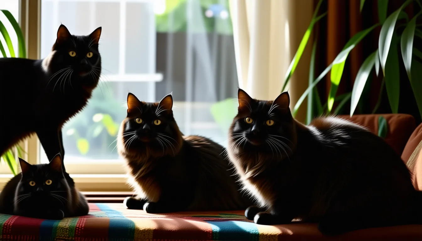 chat noir au pelage long et brillant, allongé, yeux dorés grands ouverts