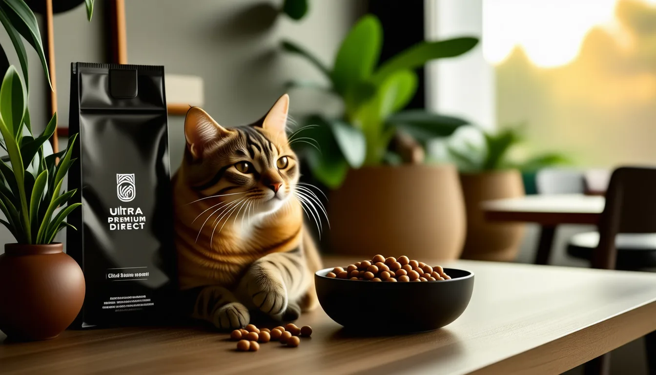croquettes pour chat haut de gamme versées en tas, avec un sachet de la marque posé à côté