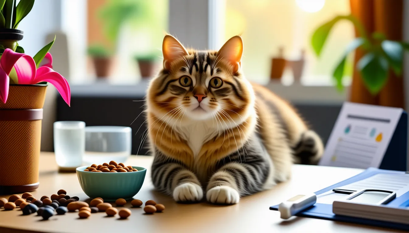 chat assis près de sa gamelle, observé par son propriétaire qui tient une seringue d'insuline