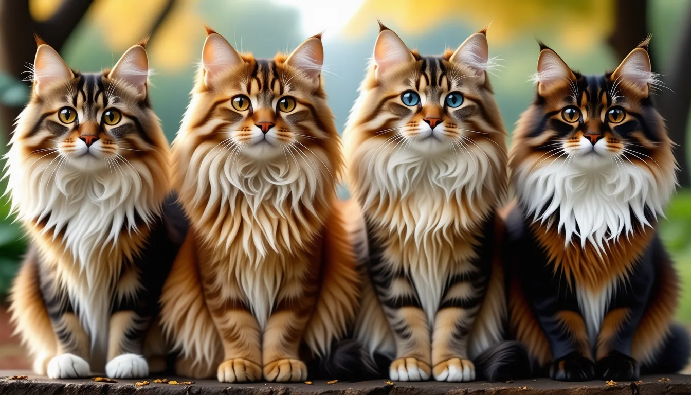 quatre chats à poil long roux de tailles différentes, assis côte à côte sur un fond neutre