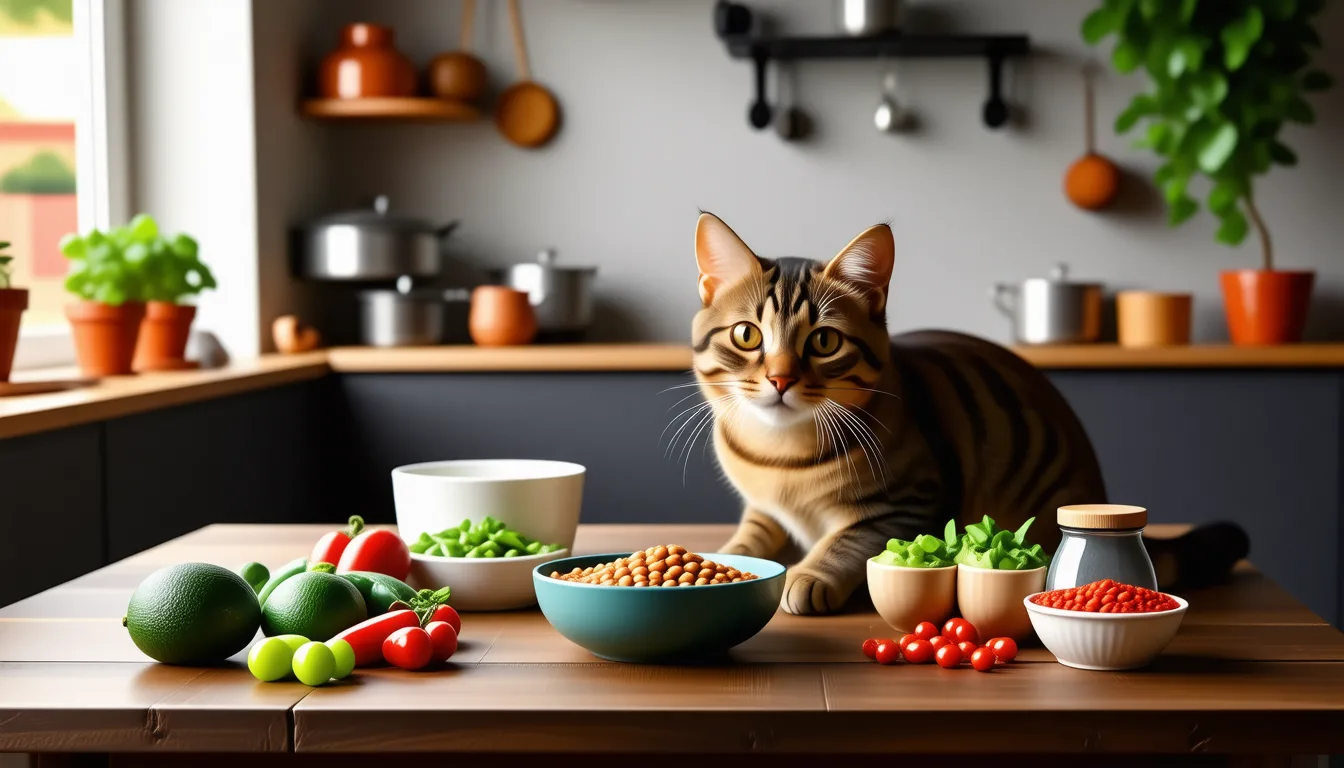 Chat assis devant une gamelle de pâtée, regardant vers l'objectif.