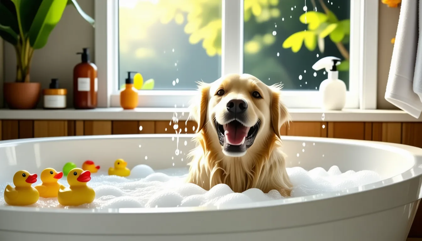 chien debout dans une baignoire, pelage mouillé, air hésitant, propriétaire accroupi à côté