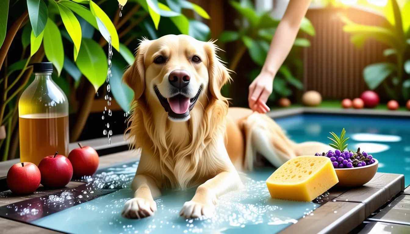 un chien se fait nettoyer le pelage à l'aide d'un gant humide, sans savon ni mousse